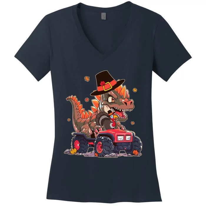 Funny Thanksgiving Dinosaur And Turkey Riding Monster Truck Women's V-Neck T-Shirt