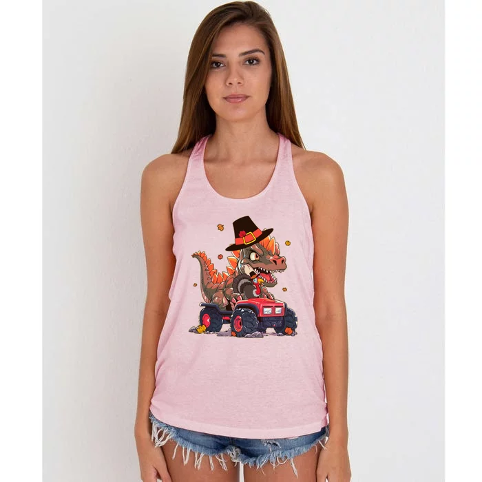 Funny Thanksgiving Dinosaur And Turkey Riding Monster Truck Women's Knotted Racerback Tank