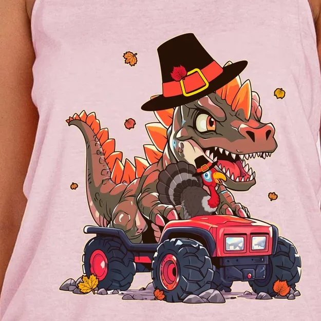 Funny Thanksgiving Dinosaur And Turkey Riding Monster Truck Women's Knotted Racerback Tank