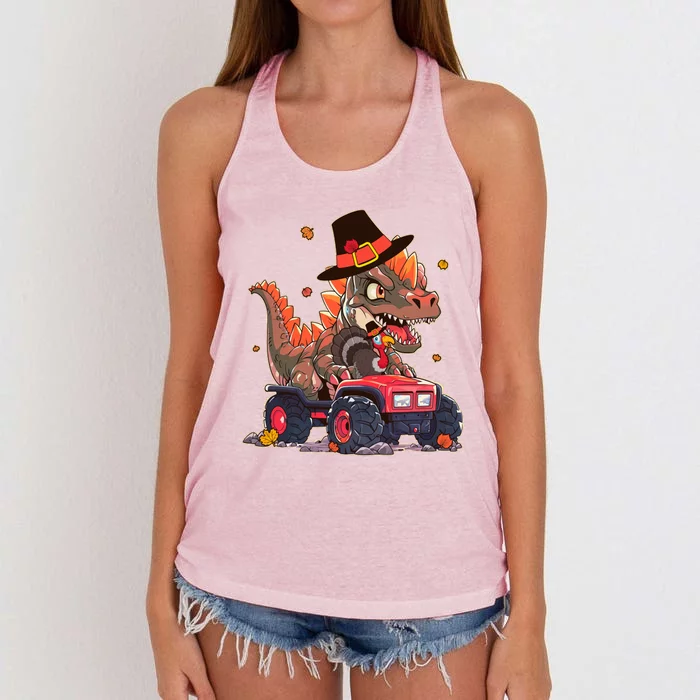 Funny Thanksgiving Dinosaur And Turkey Riding Monster Truck Women's Knotted Racerback Tank