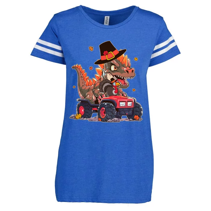 Funny Thanksgiving Dinosaur And Turkey Riding Monster Truck Enza Ladies Jersey Football T-Shirt