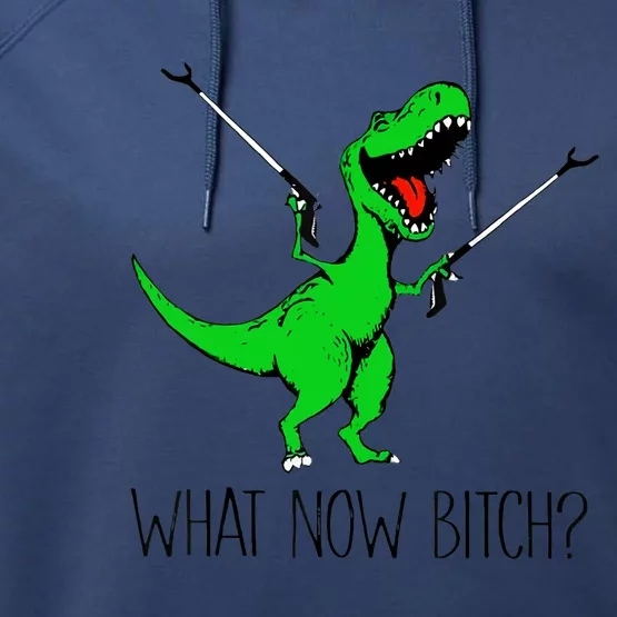 Funny TRex Dinosaur Gift What Now Bitch Funny Tyrannosaurus Rex Gift Performance Fleece Hoodie