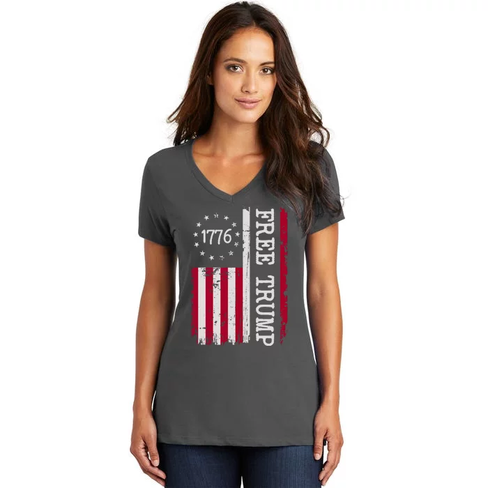 Free Trump Destressed 1776 Betsy Ross USA Flag Women's V-Neck T-Shirt