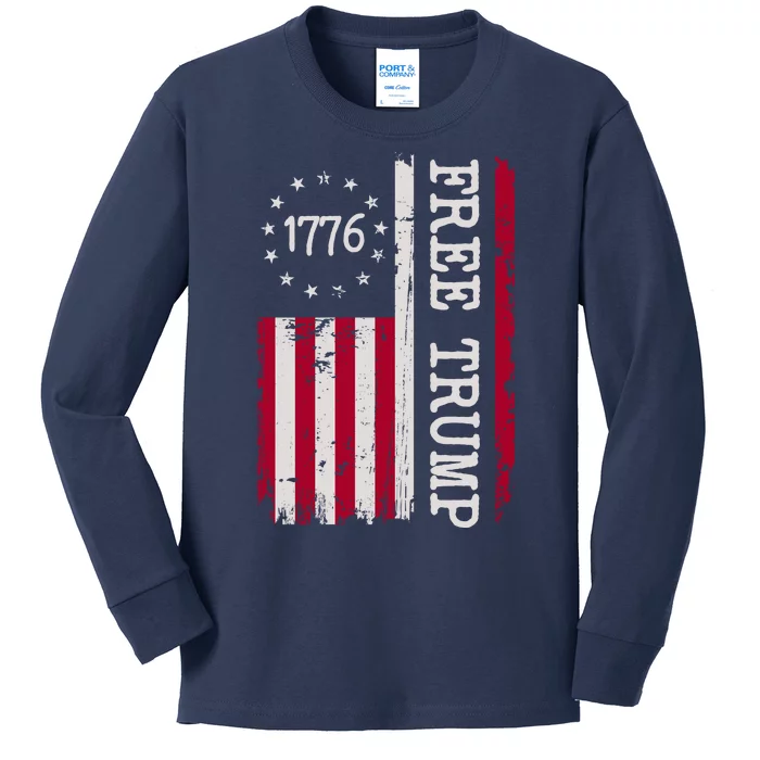 Free Trump Destressed 1776 Betsy Ross USA Flag Kids Long Sleeve Shirt