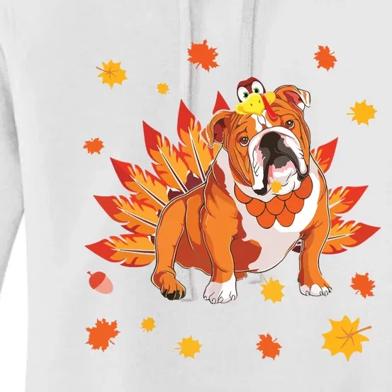 Funny Turkey English Bulldog Dog Maple Leaf Thanksgiving Day Women's Pullover Hoodie