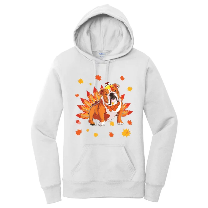 Funny Turkey English Bulldog Dog Maple Leaf Thanksgiving Day Women's Pullover Hoodie