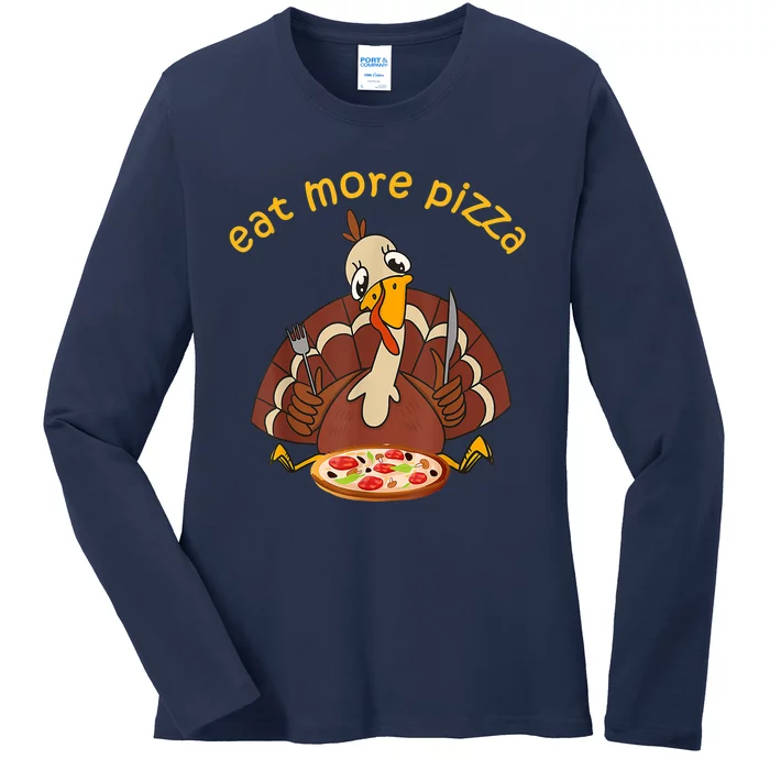 Funny Turkey Eat More Pizza Adult Thanksgiving Pajamas Ladies Long Sleeve Shirt