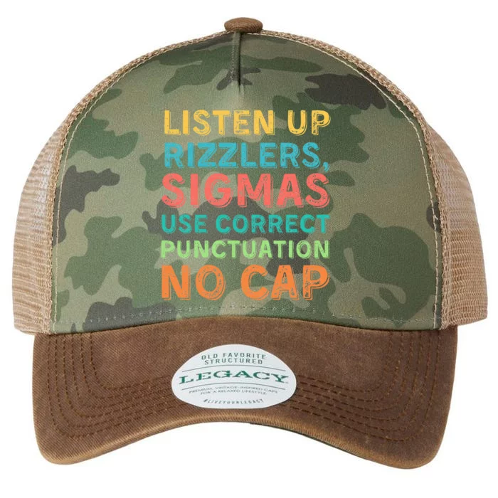 Funny Teacher English Use Punctuation Listen Up Rizzlers Legacy Tie Dye Trucker Hat