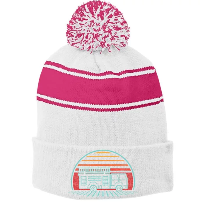 Fire Truck Engine Retro 80s Style Stripe Pom Pom Beanie