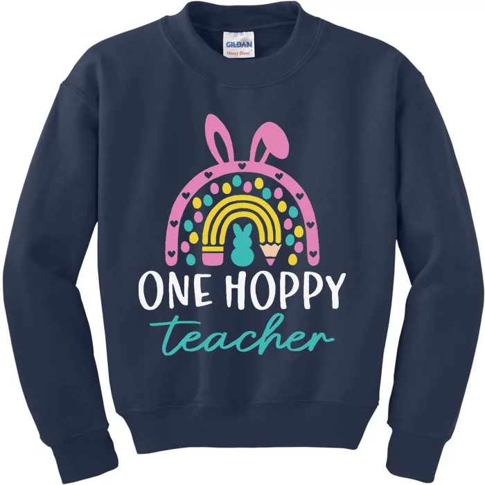 Funny Teacher Easter Day Rainbow Bunny One Hoppy Teacher Kids Sweatshirt