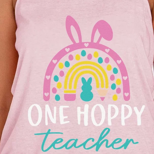 Funny Teacher Easter Day Rainbow Bunny One Hoppy Teacher Women's Knotted Racerback Tank