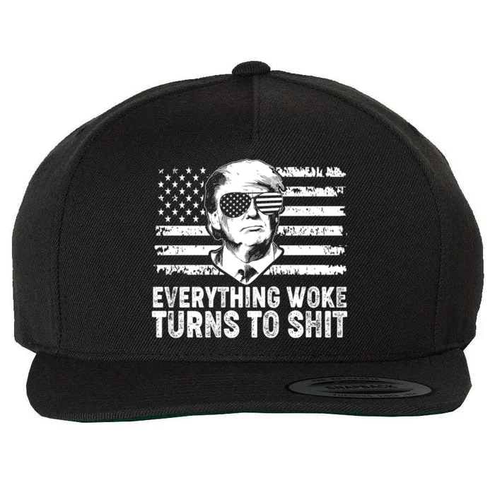 Funny Trump Everything Woke Turns To Shit Distressed USA American Flag Wool Snapback Cap