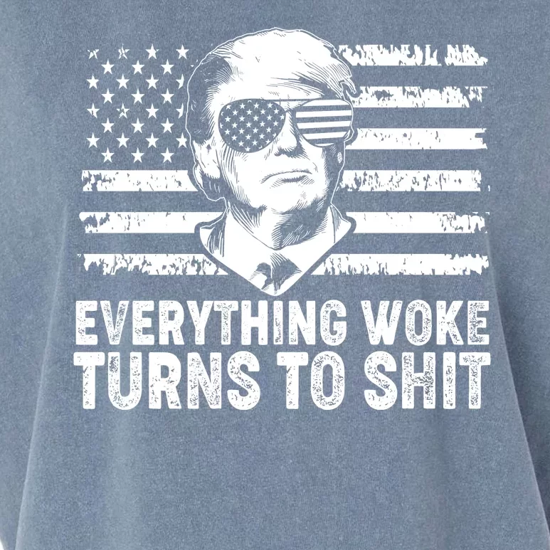 Funny Trump Everything Woke Turns To Shit Distressed USA American Flag Garment-Dyed Women's Muscle Tee