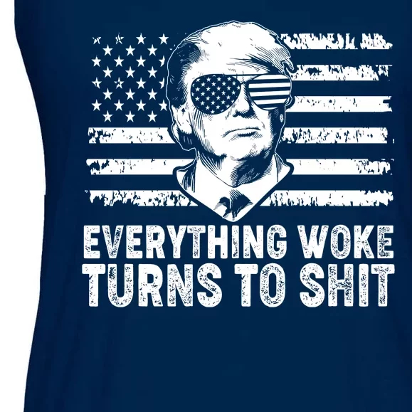 Funny Trump Everything Woke Turns To Shit Distressed USA American Flag Ladies Essential Flowy Tank