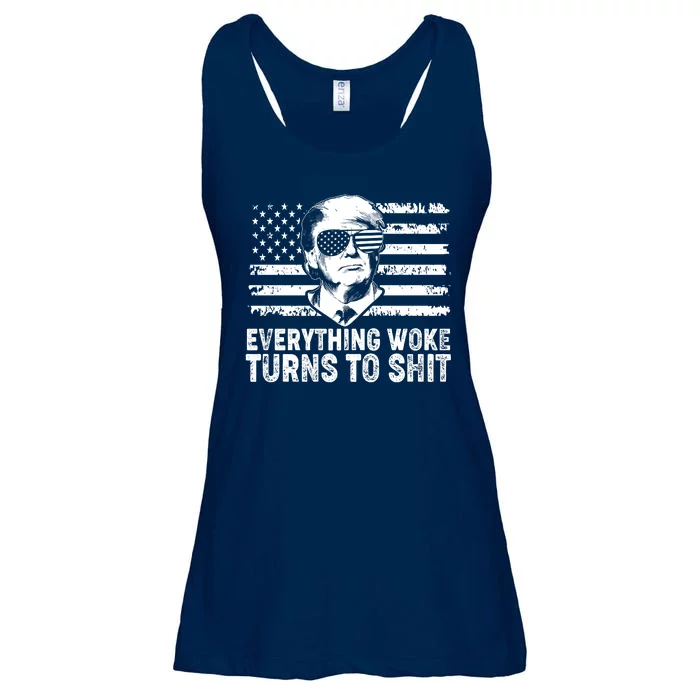 Funny Trump Everything Woke Turns To Shit Distressed USA American Flag Ladies Essential Flowy Tank