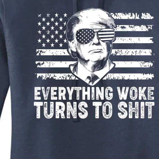 Funny Trump Everything Woke Turns To Shit Distressed USA American Flag Women's Pullover Hoodie