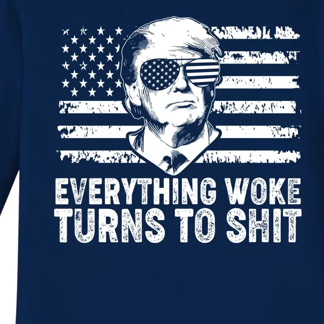 Funny Trump Everything Woke Turns To Shit Distressed USA American Flag Baby Long Sleeve Bodysuit