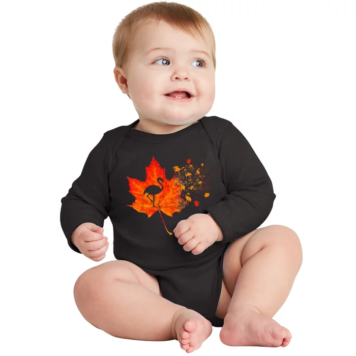 Flamingo Thanksgiving Fall Leaves Costume Autumn Vibes Baby Long Sleeve Bodysuit