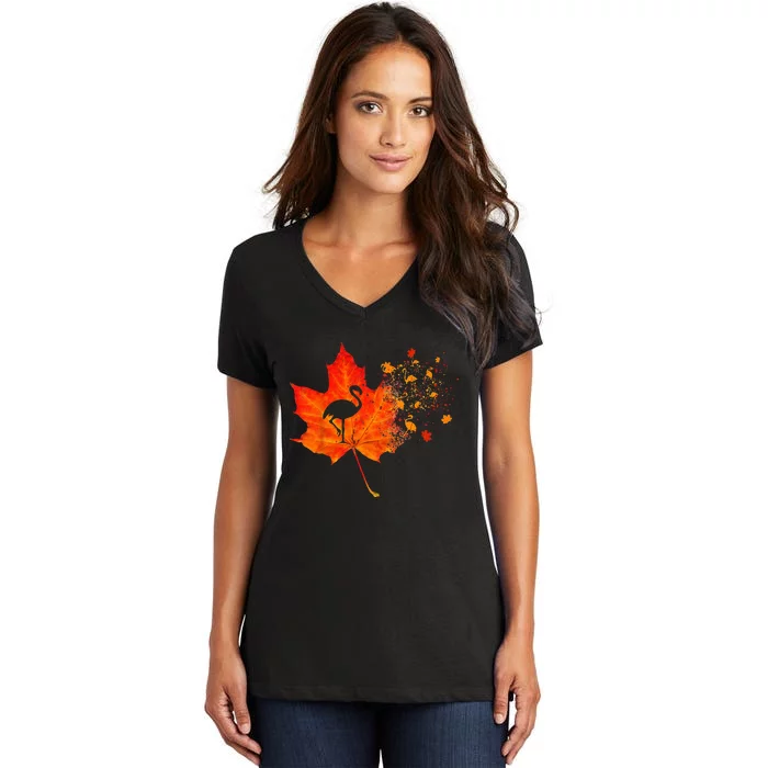 Flamingo Thanksgiving Fall Leaves Costume Autumn Vibes Women's V-Neck T-Shirt