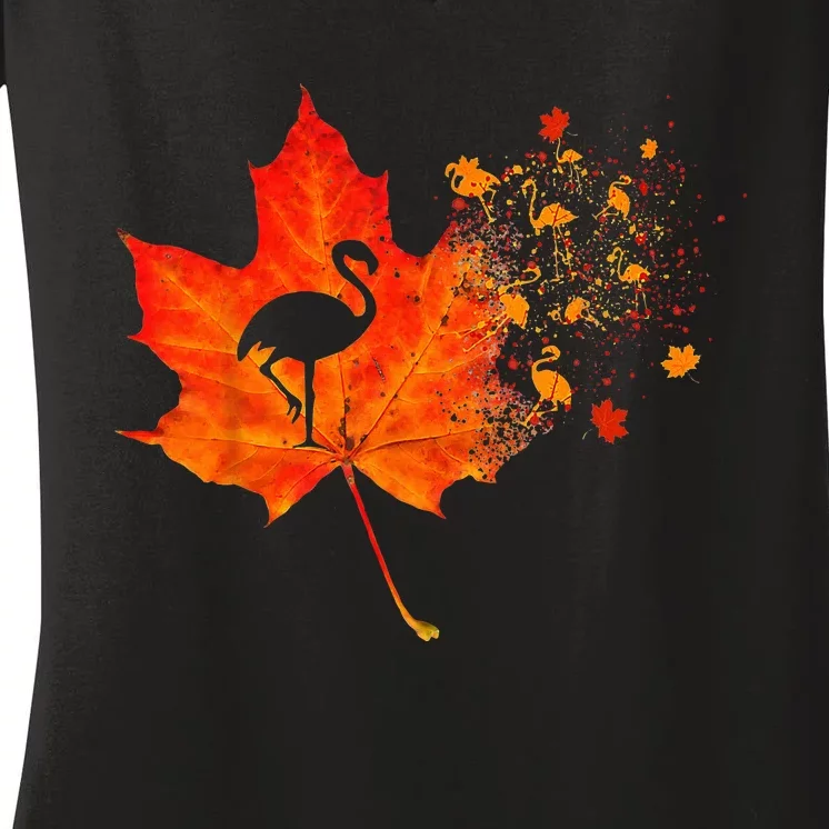 Flamingo Thanksgiving Fall Leaves Costume Autumn Vibes Women's V-Neck T-Shirt