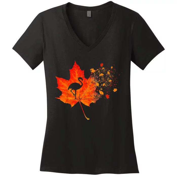 Flamingo Thanksgiving Fall Leaves Costume Autumn Vibes Women's V-Neck T-Shirt