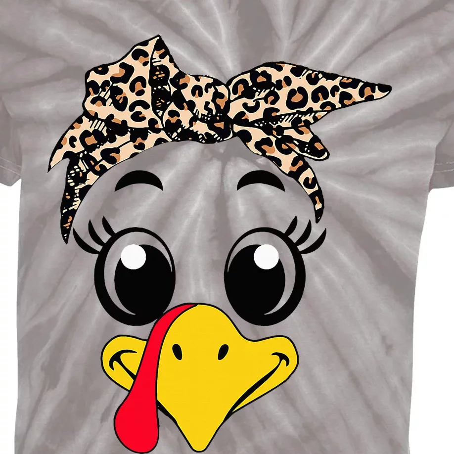 Funny Turkey Face Leopard Print Autumn Fall Thanksgiving Kids Tie-Dye T-Shirt