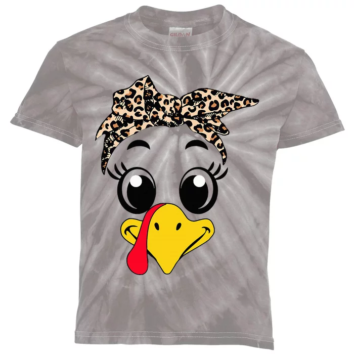 Funny Turkey Face Leopard Print Autumn Fall Thanksgiving Kids Tie-Dye T-Shirt