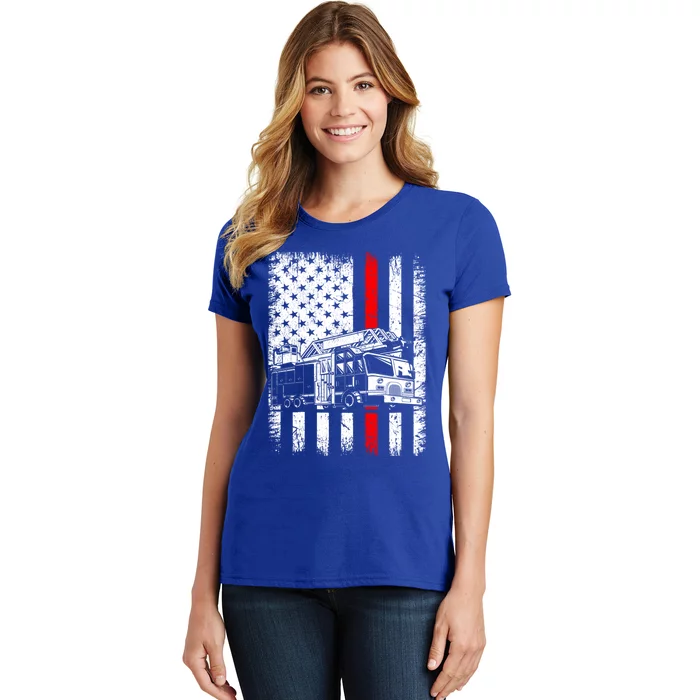 Fire Trucks Funny Firefighter Fire Patriotic Usa Flag Gift Women's T-Shirt