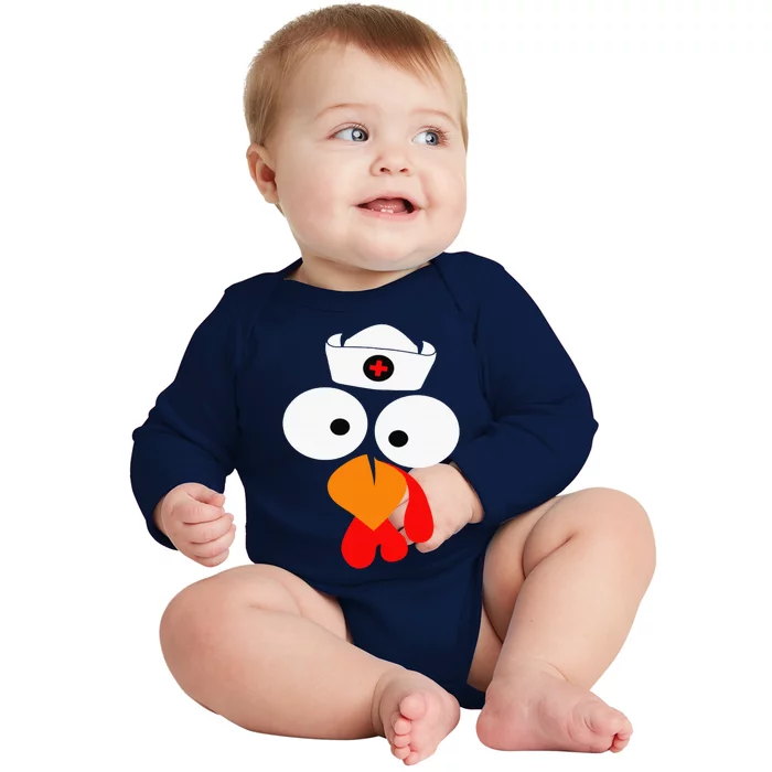 Funny Turkey Face With Nurse Hat Thanksgiving Day Matching Cool Gift Baby Long Sleeve Bodysuit