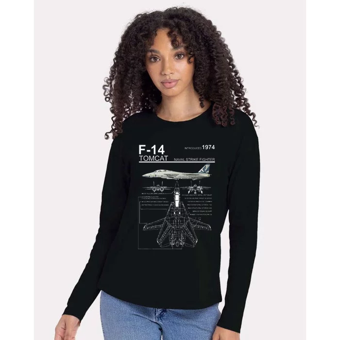 F14 Tomcat Fighter Jet Diagram Womens Cotton Relaxed Long Sleeve T-Shirt