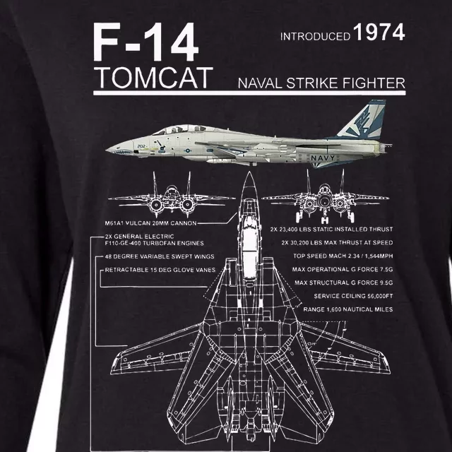 F14 Tomcat Fighter Jet Diagram Womens Cotton Relaxed Long Sleeve T-Shirt