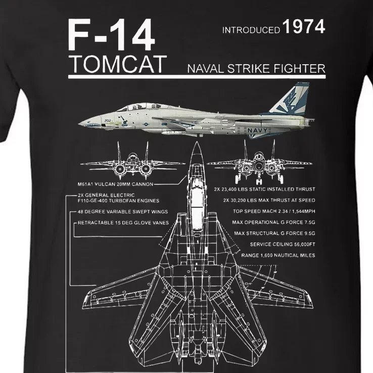 F14 Tomcat Fighter Jet Diagram V-Neck T-Shirt