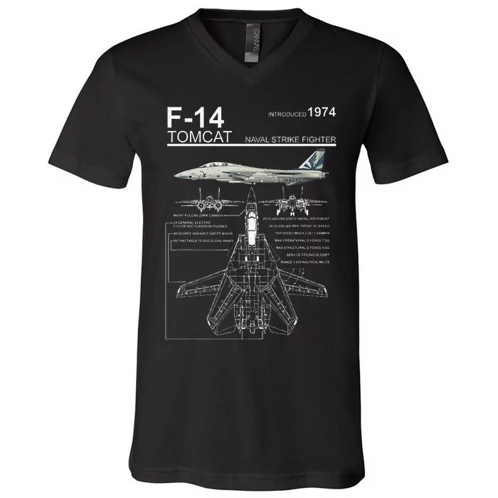 F14 Tomcat Fighter Jet Diagram V-Neck T-Shirt