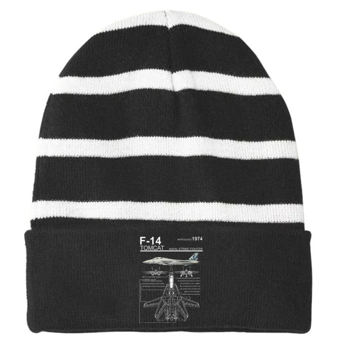 F14 Tomcat Fighter Jet Diagram Striped Beanie with Solid Band