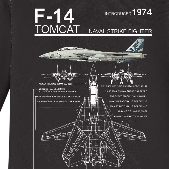 F14 Tomcat Fighter Jet Diagram Baby Long Sleeve Bodysuit