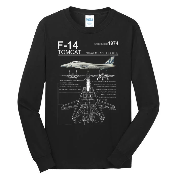 F14 Tomcat Fighter Jet Diagram Tall Long Sleeve T-Shirt