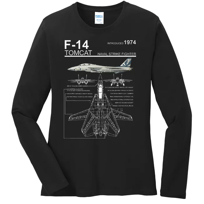 F14 Tomcat Fighter Jet Diagram Ladies Long Sleeve Shirt