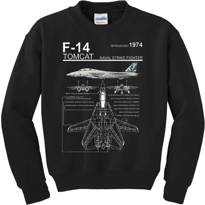 F14 Tomcat Fighter Jet Diagram Kids Sweatshirt