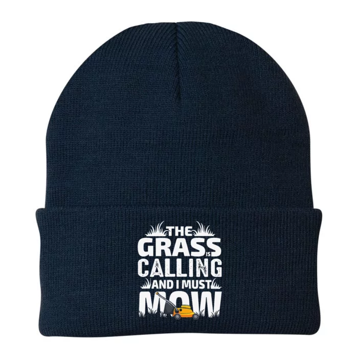 Funny The Grass Is Calling Dad Lawn Mowing Joke Knit Cap Winter Beanie