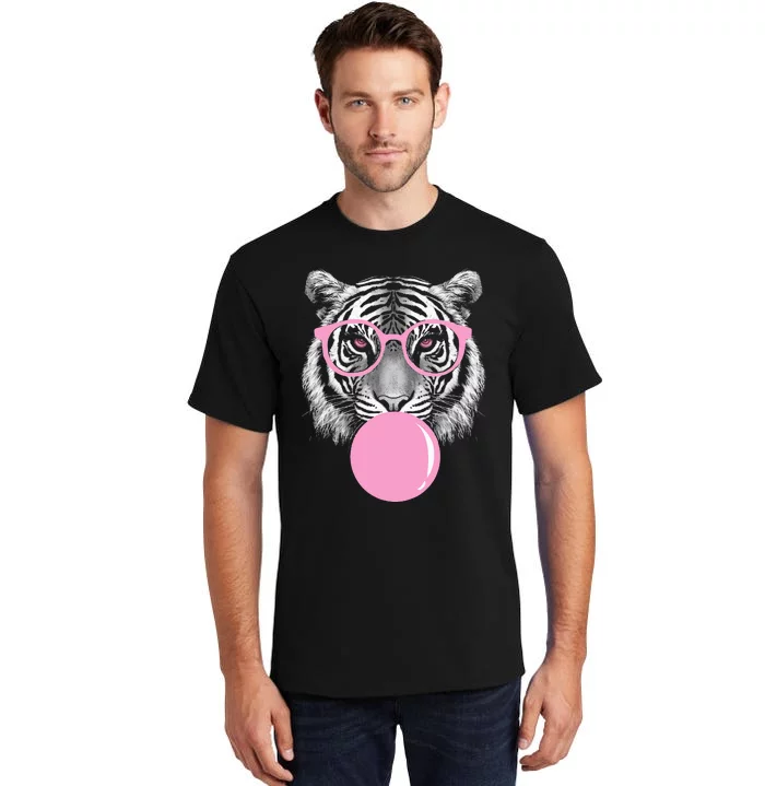 Funny Tiger Glasses Pink Bubble Gum Animal Lover Tall T-Shirt