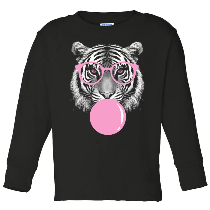 Funny Tiger Glasses Pink Bubble Gum Animal Lover Toddler Long Sleeve Shirt