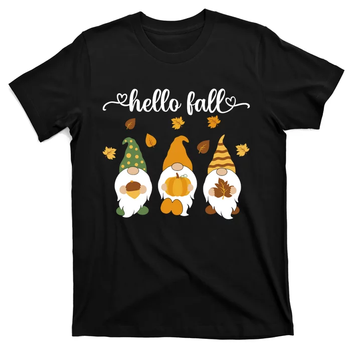 Funny Three Gnomes Hello Fall Acorn Pumpkins Leaves Autumn T-Shirt