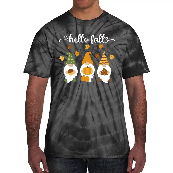 Funny Three Gnomes Hello Fall Acorn Pumpkins Leaves Autumn Tie-Dye T-Shirt