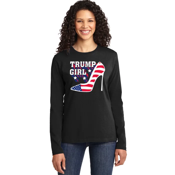 Funny Trump Girl Gift Cute High Heel American Flag Ladies Long Sleeve Shirt