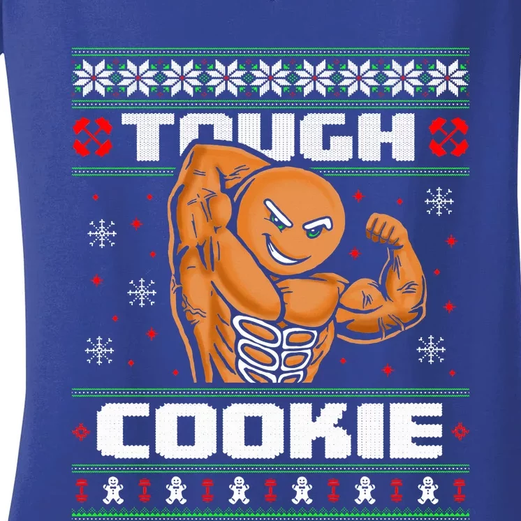 Funny Tough Gingerbread Cookie Ugly Christmas Sweater Gym Women's V-Neck T-Shirt