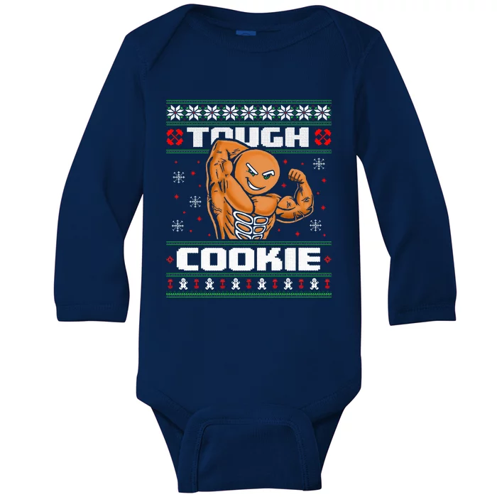 Funny Tough Gingerbread Cookie Ugly Christmas Sweater Gym Baby Long Sleeve Bodysuit