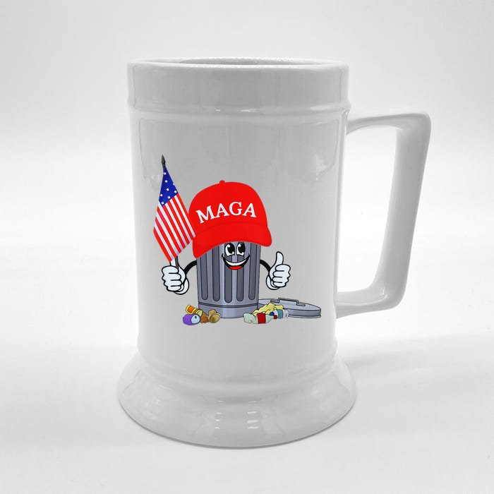 Funny Trump Garbage Can Cartoon Character American Flag Front & Back Beer Stein