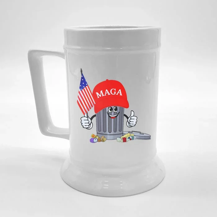 Funny Trump Garbage Can Cartoon Character American Flag Front & Back Beer Stein