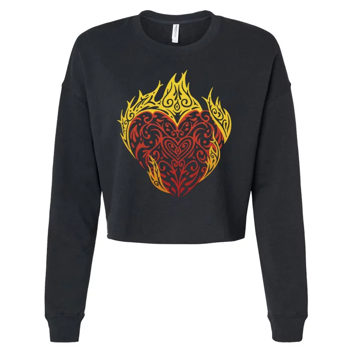 Flaming Tribal Heart Cropped Pullover Crew