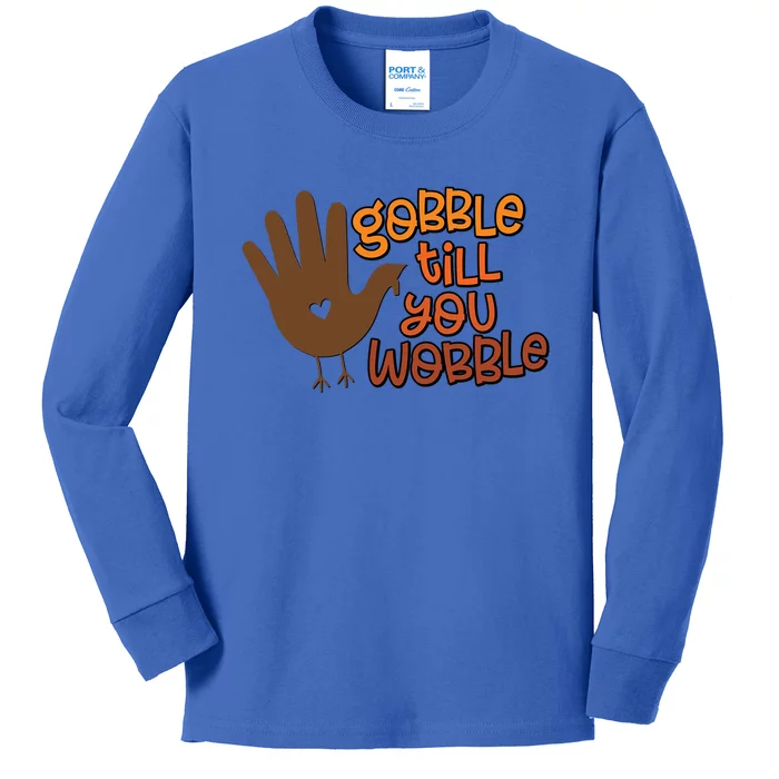 Funny Turkey Hand Gobble Till You Wobble Thanksgiving Fall Gift Kids Long Sleeve Shirt